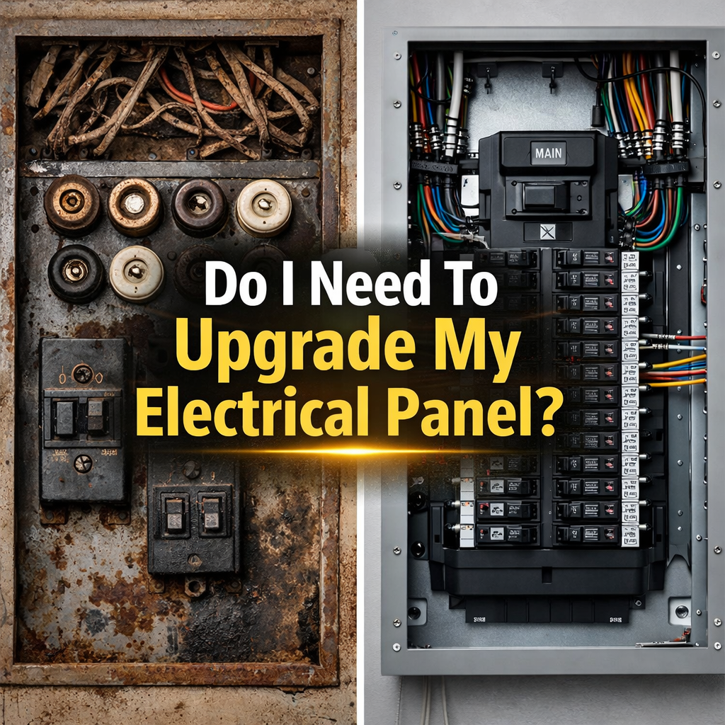 Old electrical panel with rusted fuse box next to a modern upgraded breaker panel, showing before and after comparison.